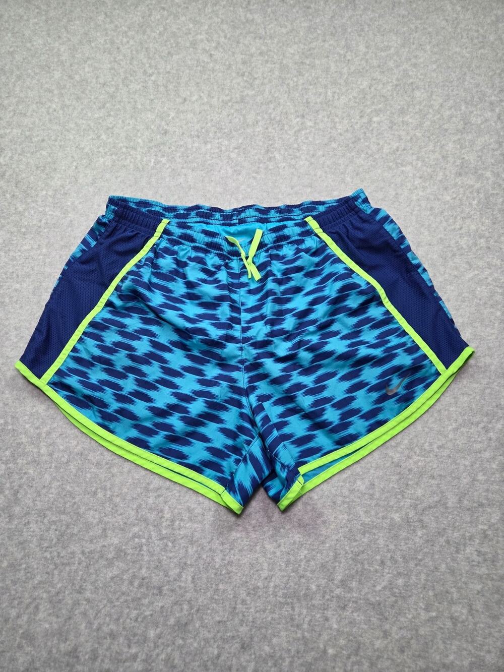 Nike Tempo Women's Small Running Shorts Blue Teal Abstract Print Neon Lime Trim